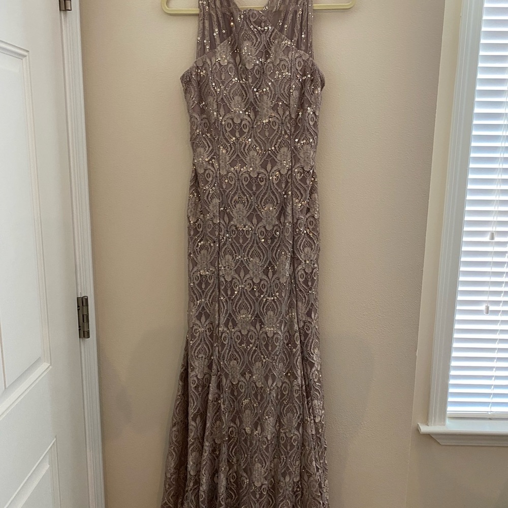 R and M Richards size 8. Taupe with gold sequins Maxie length.